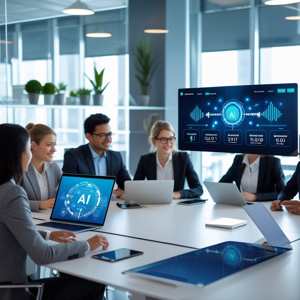 A group of small business employees working together around a table with laptops and digital devices displaying AI call technology interfaces.