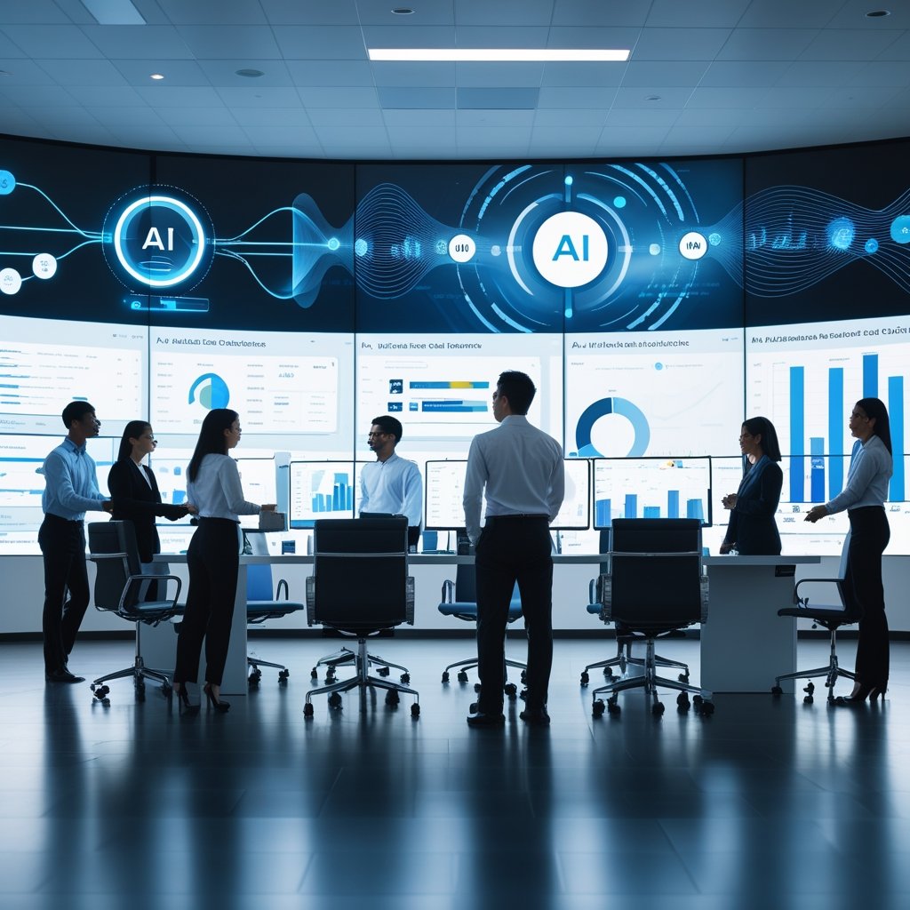 A diverse team of business professionals collaborating in a modern office with computer screens showing call analytics and AI interfaces.