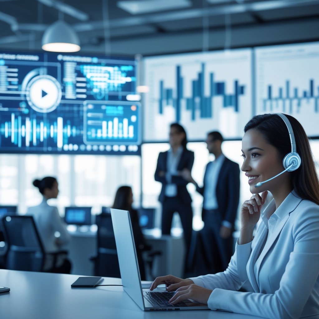 Business professionals working in a modern office with headsets and digital screens displaying data and voice technology visuals.