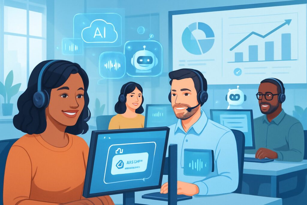 A small business call center with agents using headsets and computers assisted by AI technology, showing a dashboard with reduced missed calls and lower costs.