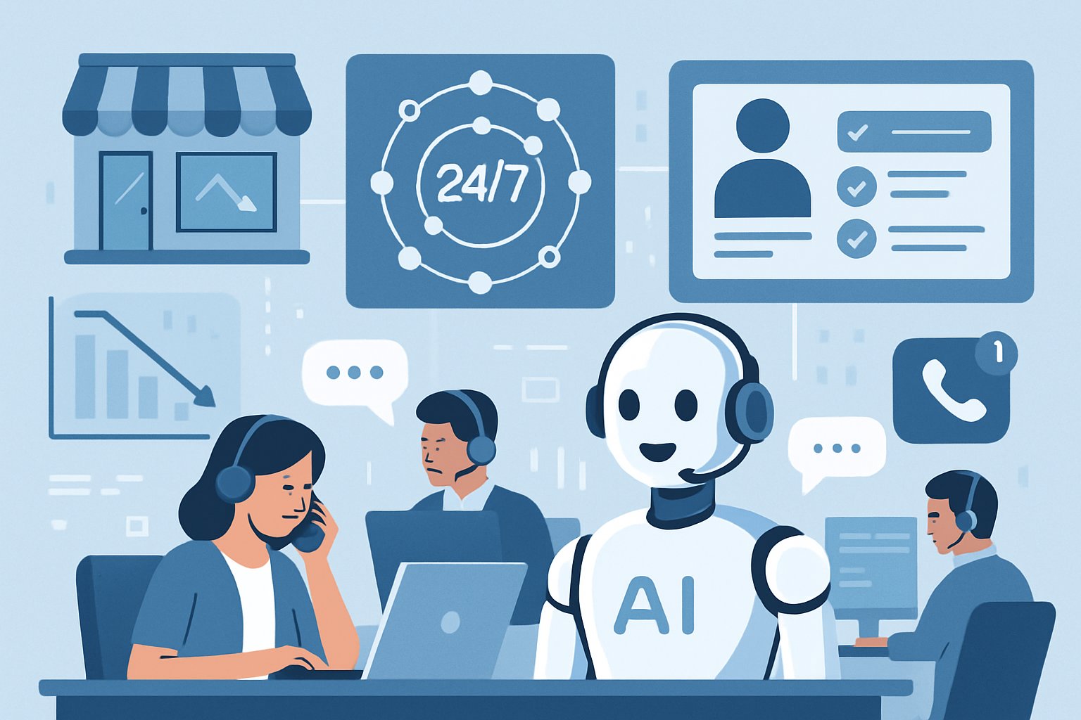 An illustration showing an AI assistant helping customers in a small business call center, managing calls and automating lead qualification to reduce costs.