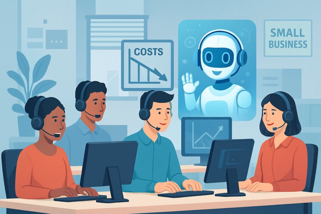A small business call center with customer service representatives working at desks and a holographic AI assistant helping manage calls.
