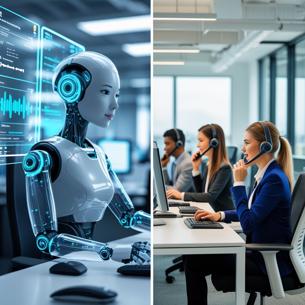 A modern office scene showing a humanoid robot interacting with digital call center interfaces on one side and human call center agents wearing headsets working at desks on the other side.