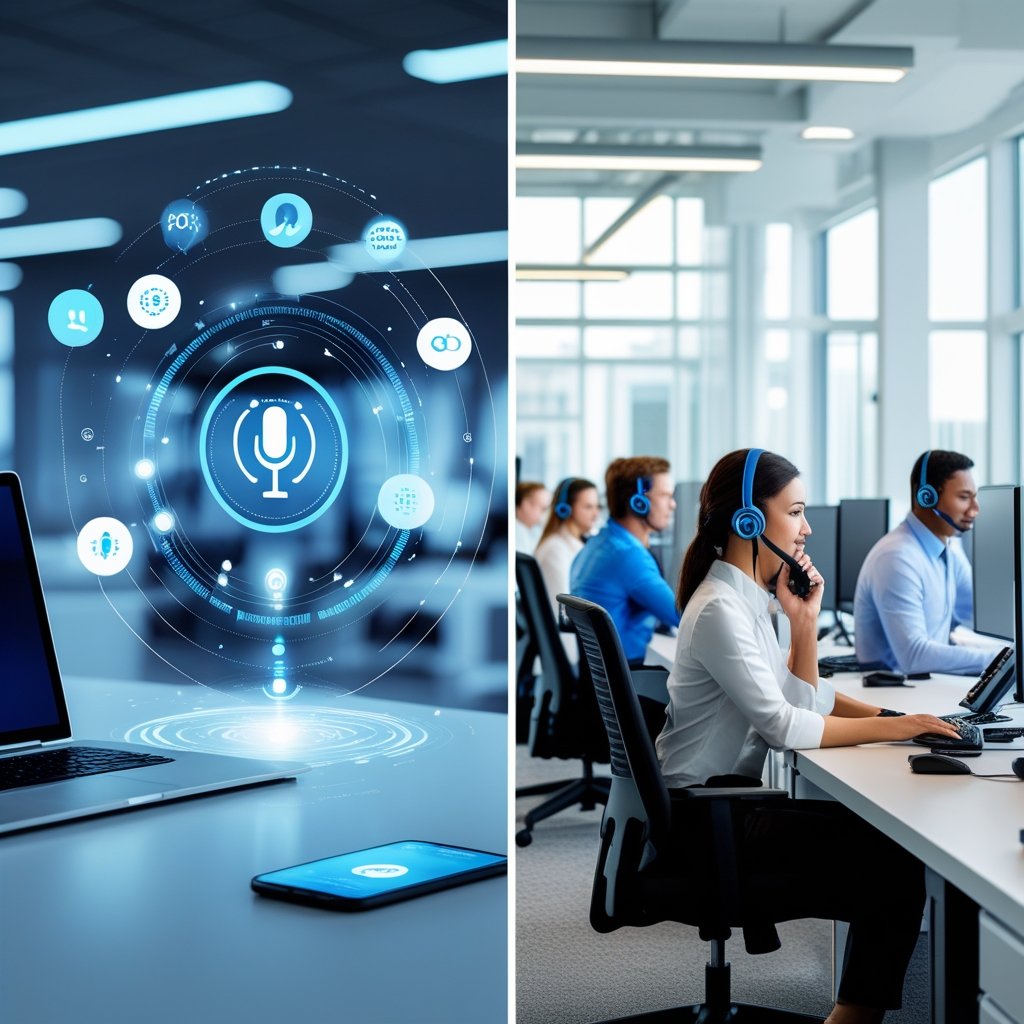 A split office scene showing an AI voice agent setup with digital interfaces on one side and human call center agents wearing headsets working on the other side.