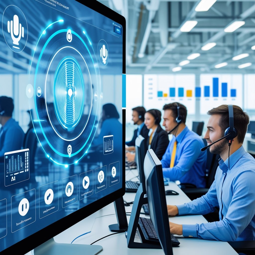A modern office scene showing a digital AI voice assistant interface on one side and human call center agents with headsets working on the other side.