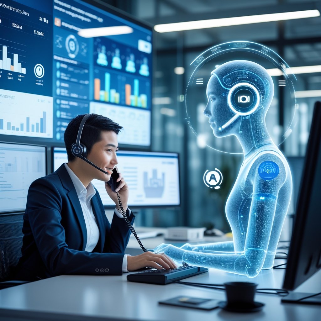 A call center agent talking on the phone next to a glowing digital AI avatar with holographic technology elements in the background.