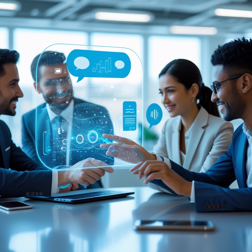 A diverse group of professionals interacting with a glowing holographic digital assistant interface in a modern office.