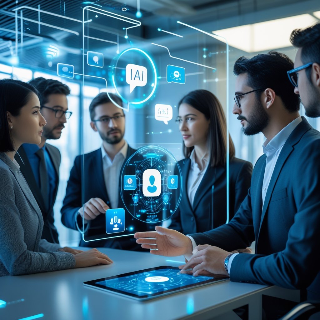 A group of professionals discussing around a digital interface showing holographic chat bubbles and AI icons in a modern office setting.