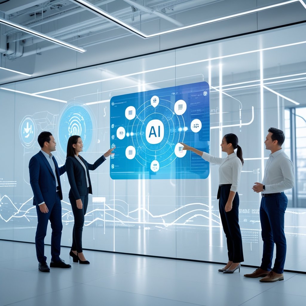 People interacting with a futuristic digital interface displaying AI and chat icons in a modern workspace.