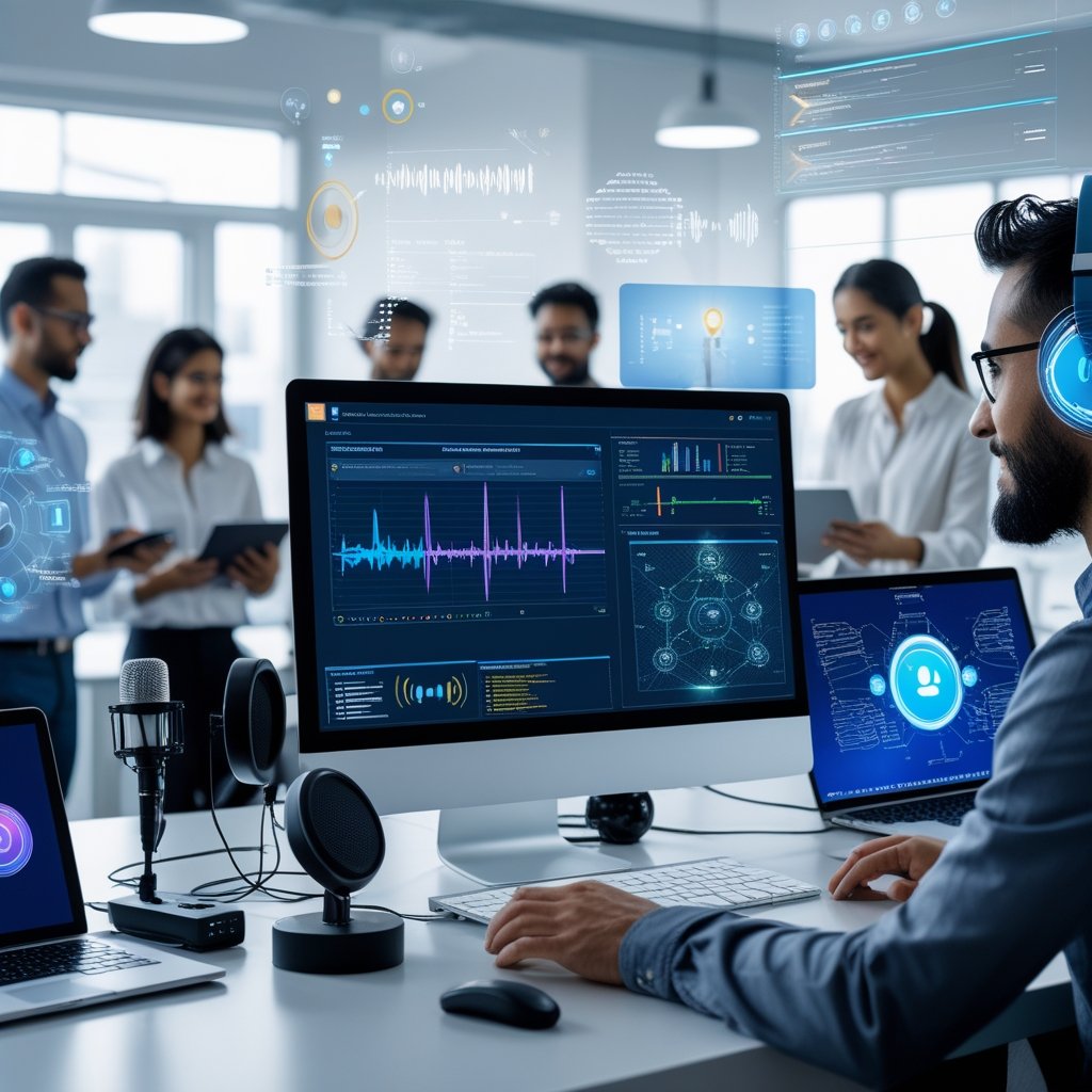 A team of engineers working in a modern office with computers and voice technology devices, analyzing AI voice bot data.