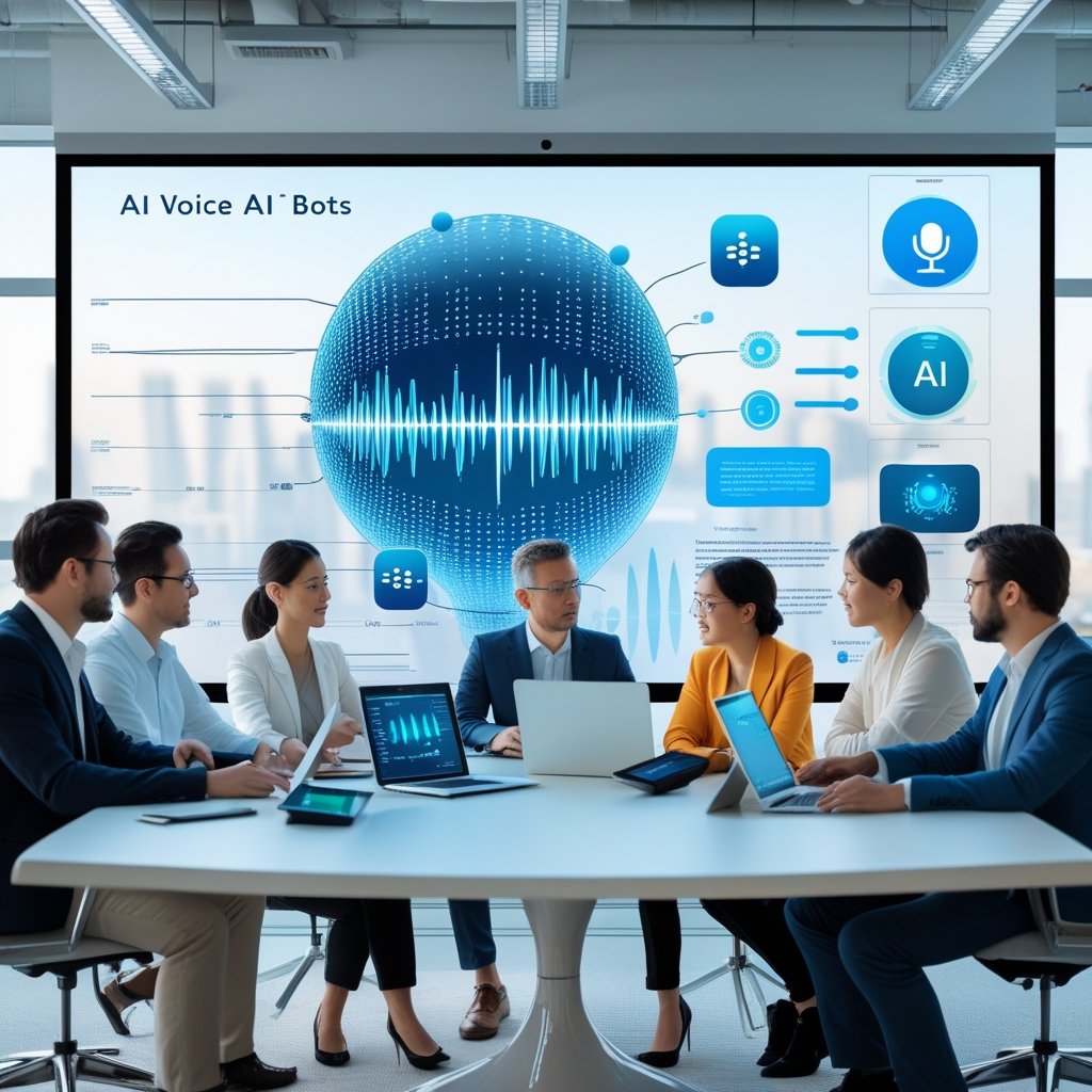 A group of professionals in a modern office discussing technology with digital devices and a large screen showing AI voice waveforms.