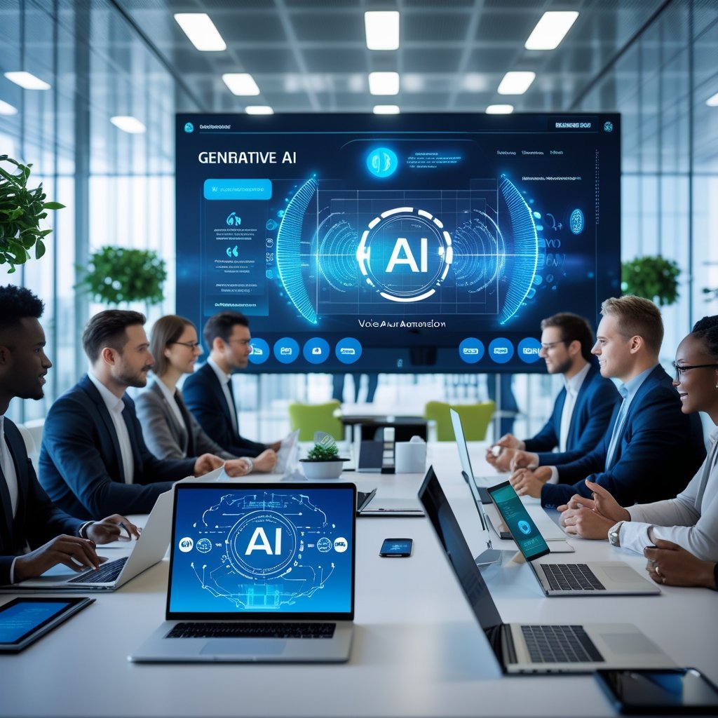 A group of business professionals collaborating around a table with digital devices showing AI data and voice waveforms in a modern office with a large screen displaying futuristic interfaces.