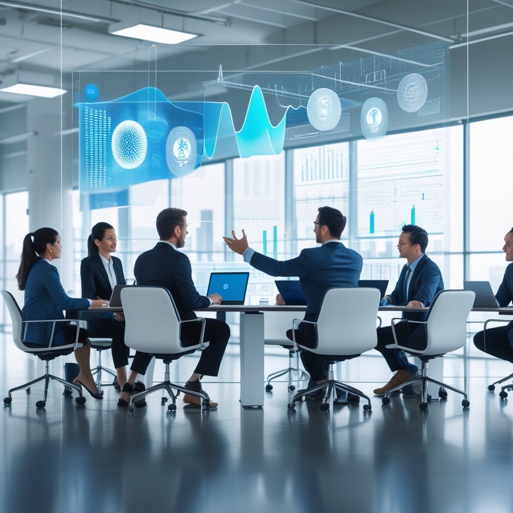 A diverse group of professionals collaborating around a conference table with digital devices and a futuristic display showing abstract speech and AI visuals in a modern office.