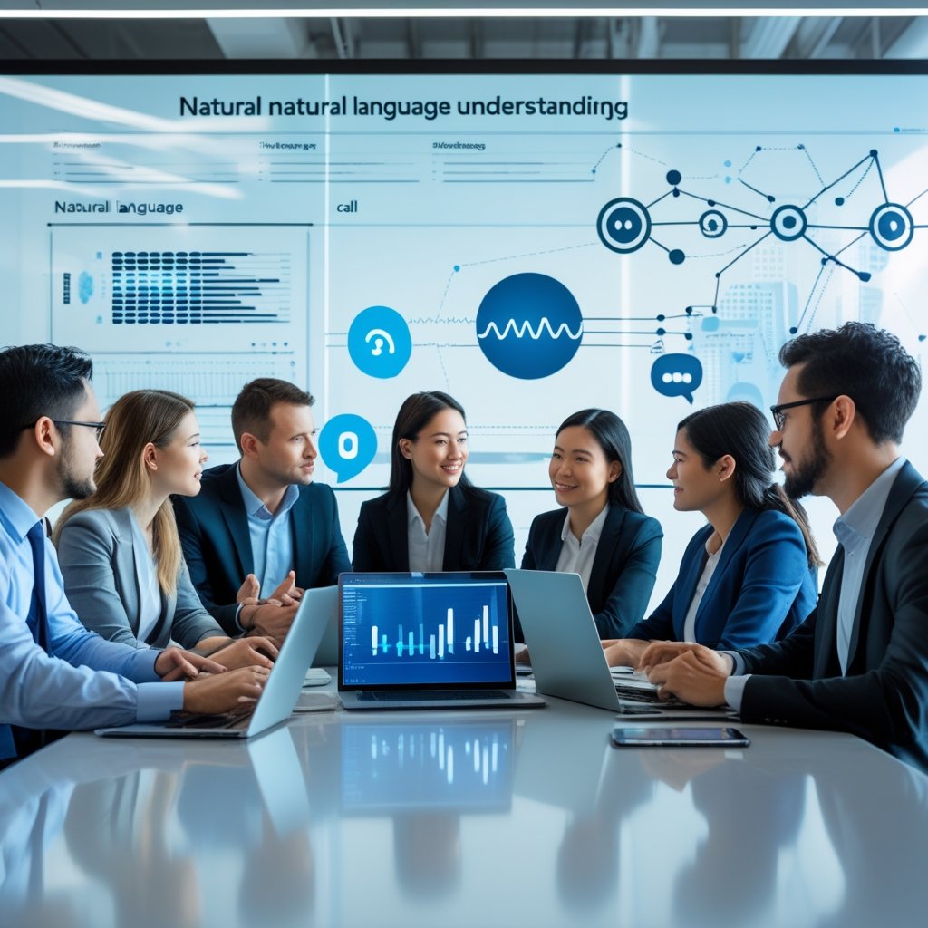 A group of professionals discussing technology around a conference table with digital devices and abstract speech and data visuals in the background.