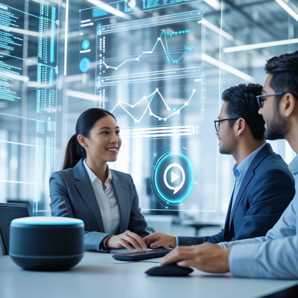 People in a modern office using AI voice assistant technology with digital interfaces showing complex data and voice commands.