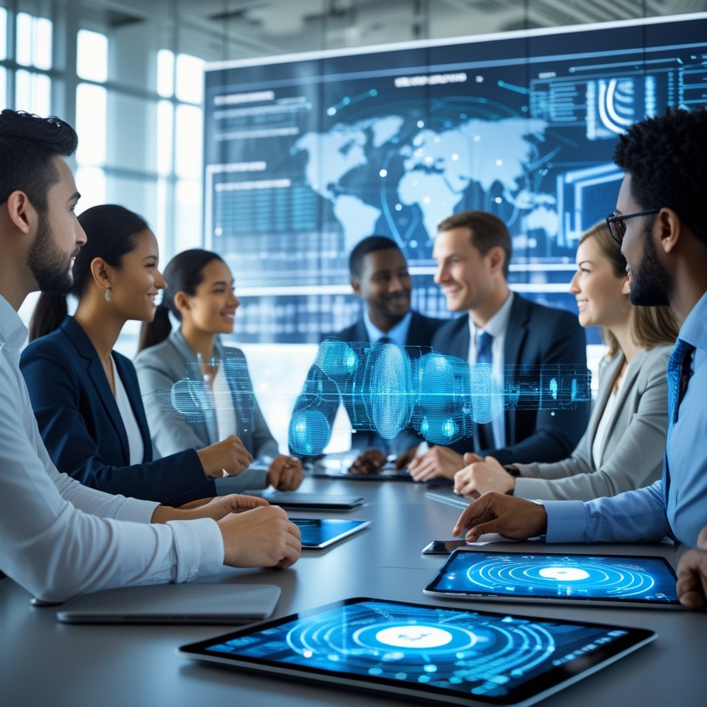 A group of diverse professionals collaborating around a conference table with digital devices and holographic AI visualizations in a modern office.