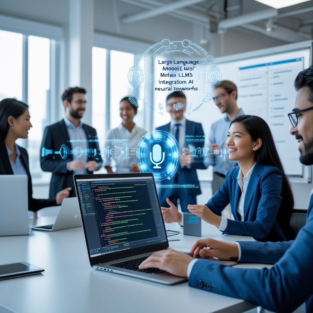 A diverse team of professionals collaborating in a modern office, with a software engineer working on a laptop displaying code and voice waveforms, surrounded by digital AI graphics representing voice bot development.