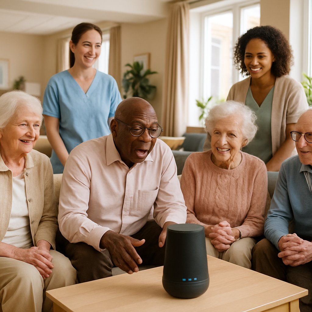 Elderly residents in an assisted living facility interacting with a conversational AI device while caregivers look on in a bright, comfortable room.