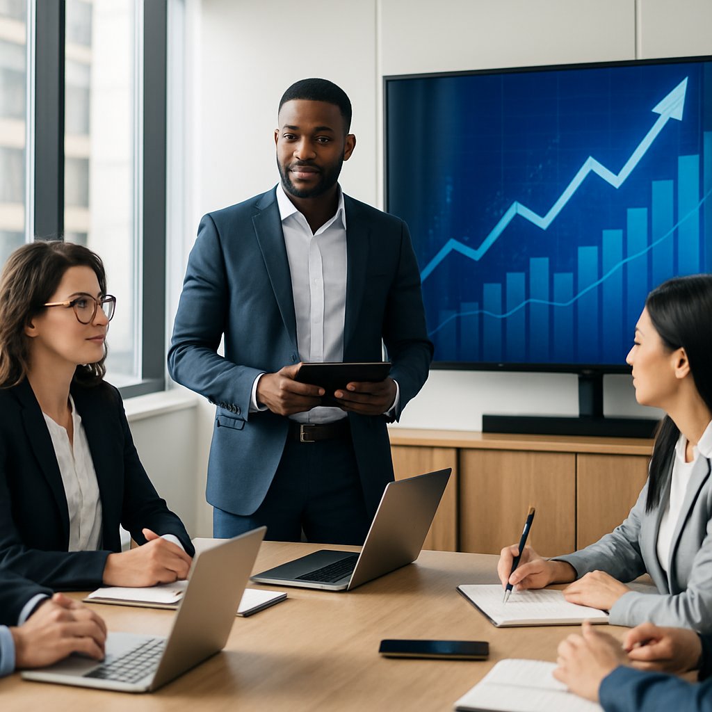 A group of business professionals collaborating around a conference table with charts showing growth on a screen in a bright office.