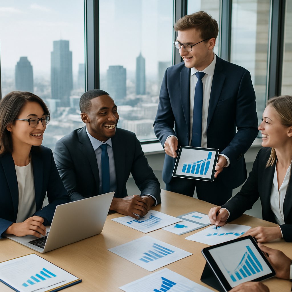 A group of business professionals collaborating around a conference table with laptops and charts showing growth in a bright office with a city skyline visible through large windows.