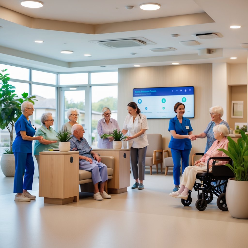 Senior care facility reception with elderly residents and staff interacting, featuring modern digital devices in the background.