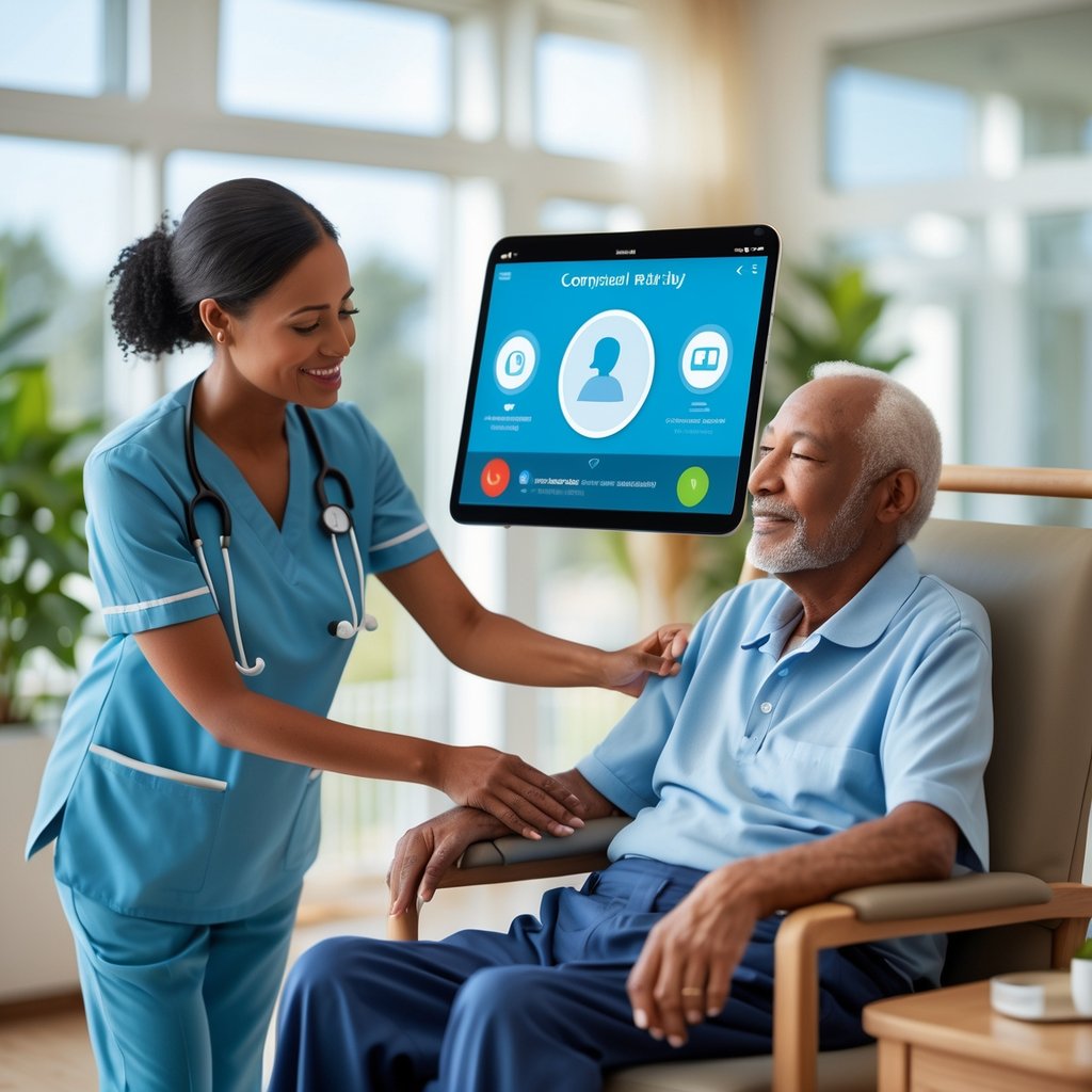 A caregiver assisting an elderly man in a bright room with a digital device showing an AI-powered calling system in the background.