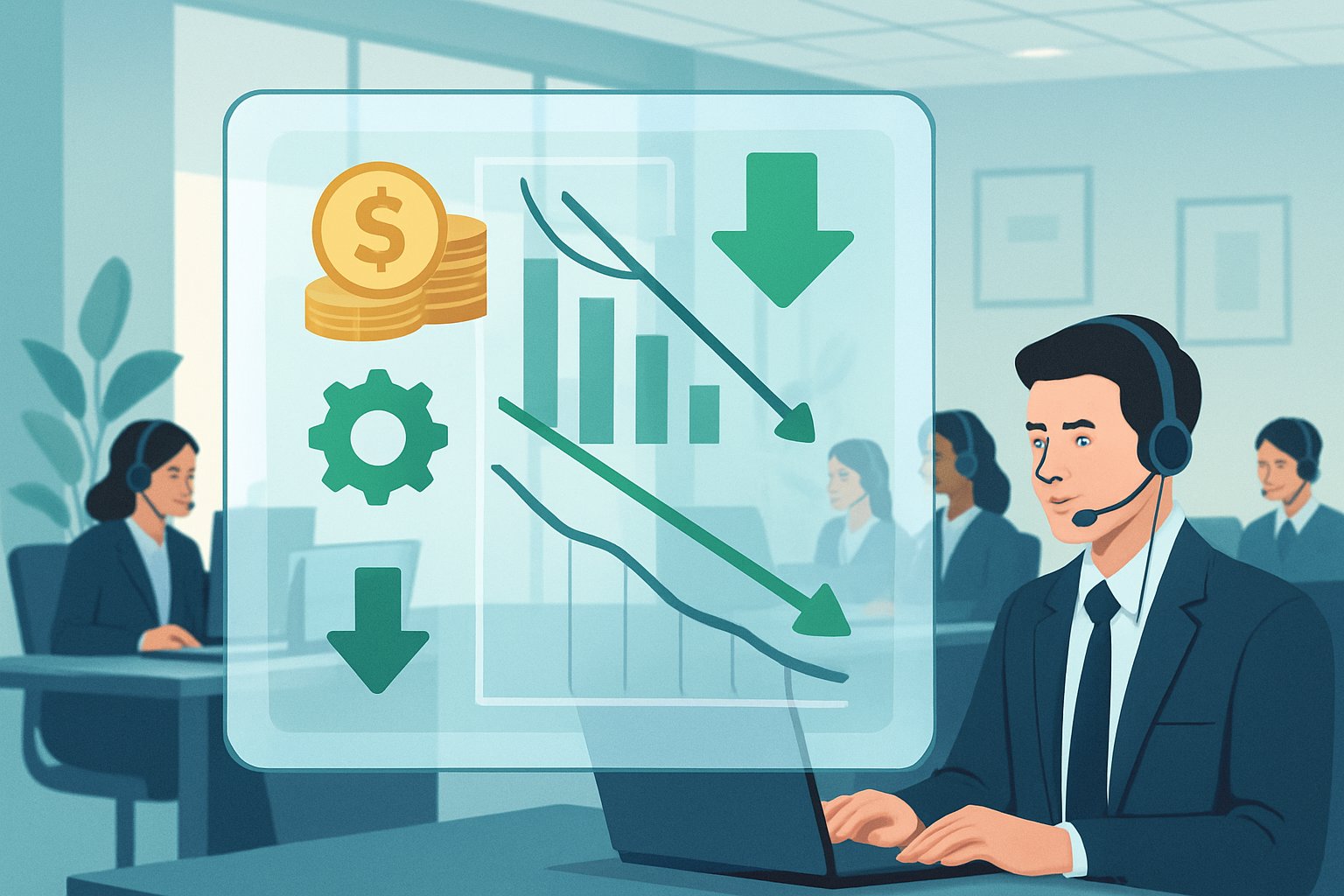 A call center with employees working at desks wearing headsets, a digital dashboard showing graphs of decreasing costs and efficiency improvements, and icons representing savings and optimized processes.