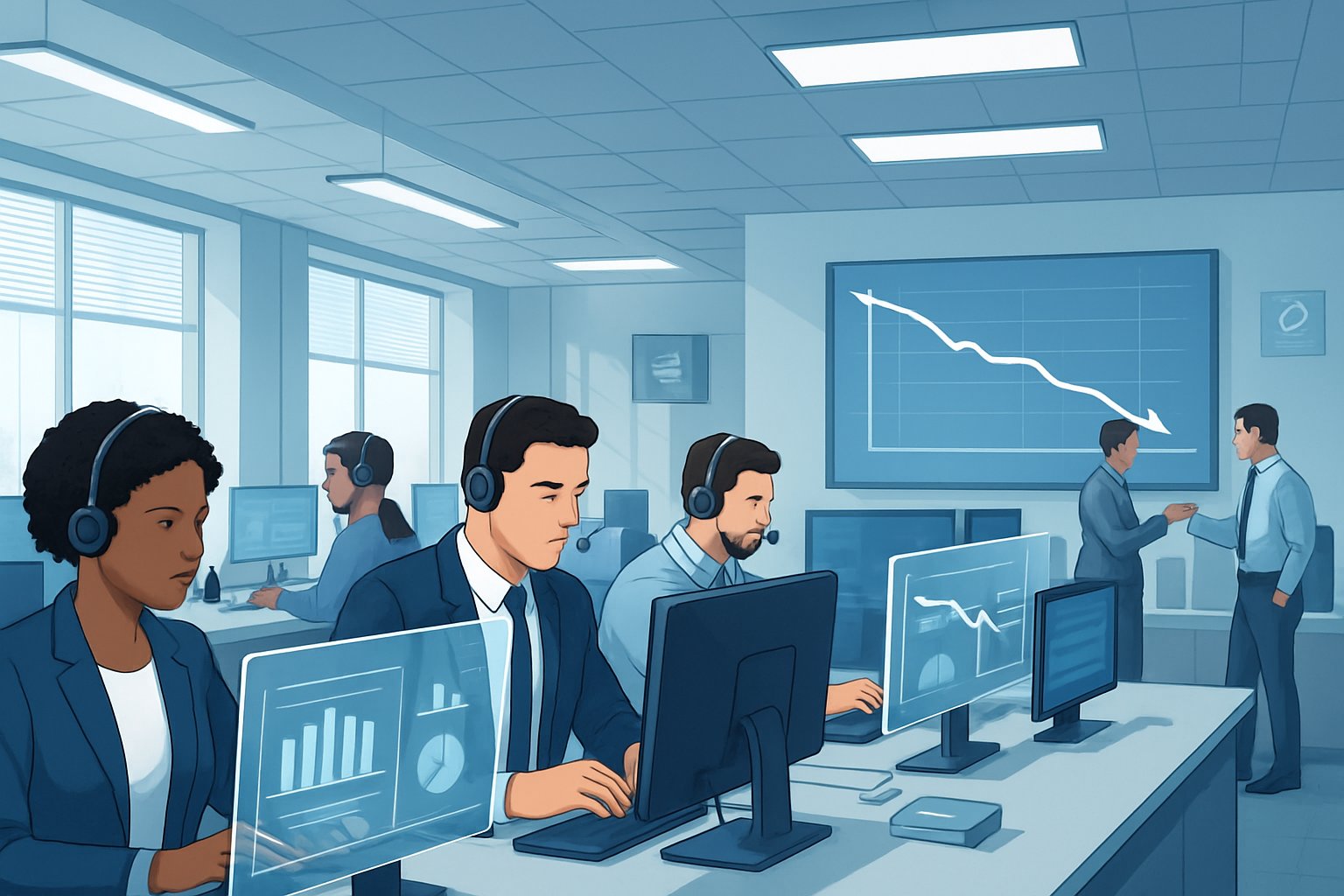 A call center office with agents working at desks, analyzing charts and discussing strategies to reduce costs.