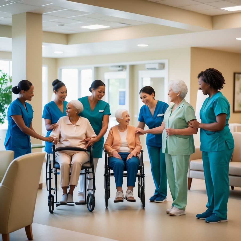A group of assisted living staff members helping elderly residents in a bright and welcoming care facility.
