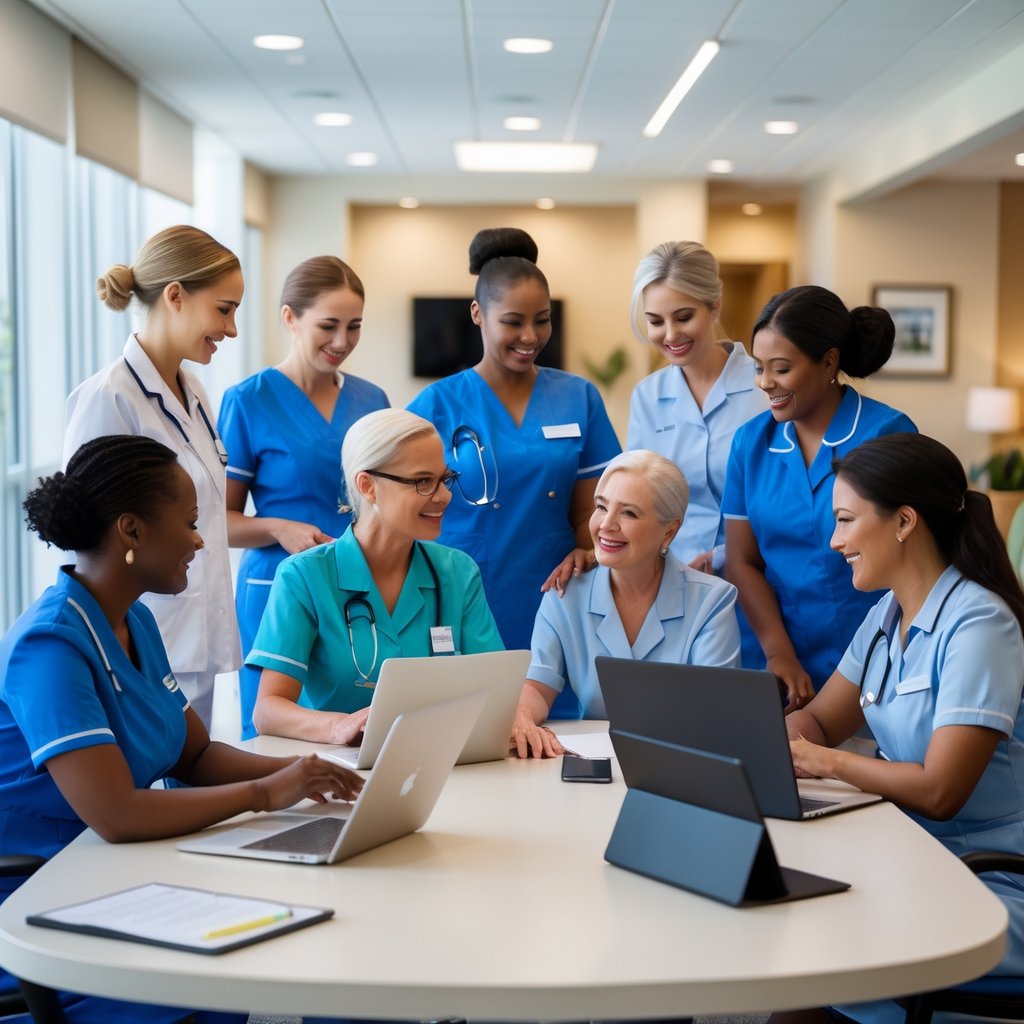 A group of assisted living staff members having a meeting in a bright conference room, discussing plans and working together.