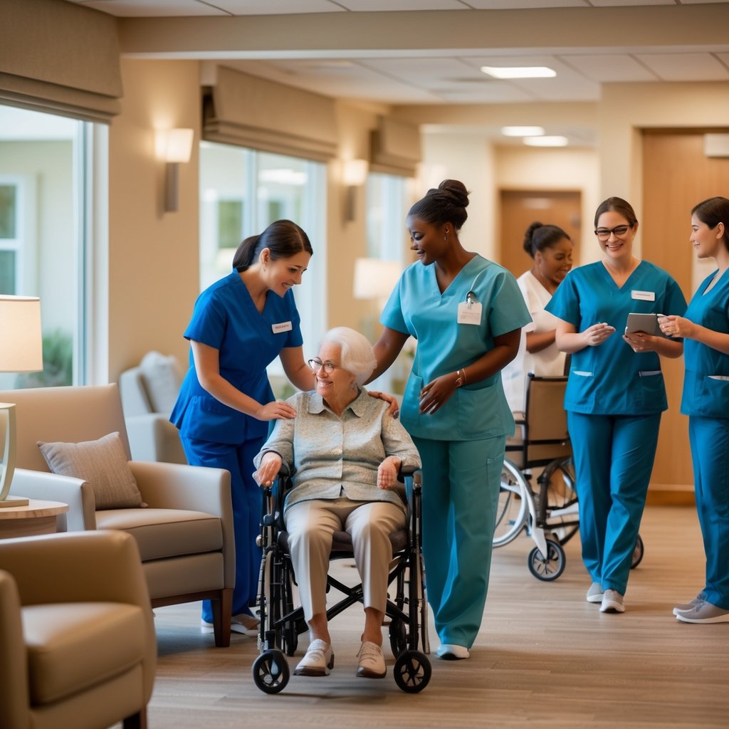 Healthcare professionals assisting elderly residents in a bright and welcoming assisted living facility.