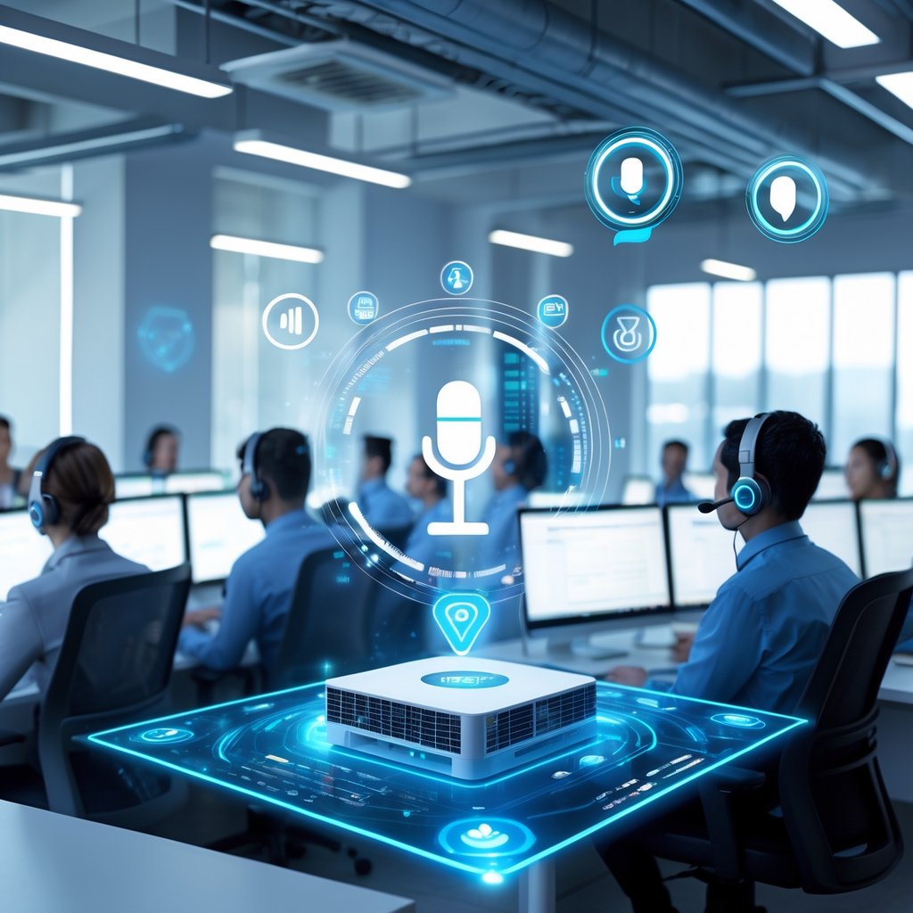 Customer support center with agents using headsets and computers, a holographic HVAC system model with AI voice command icons, and HVAC equipment in the background.