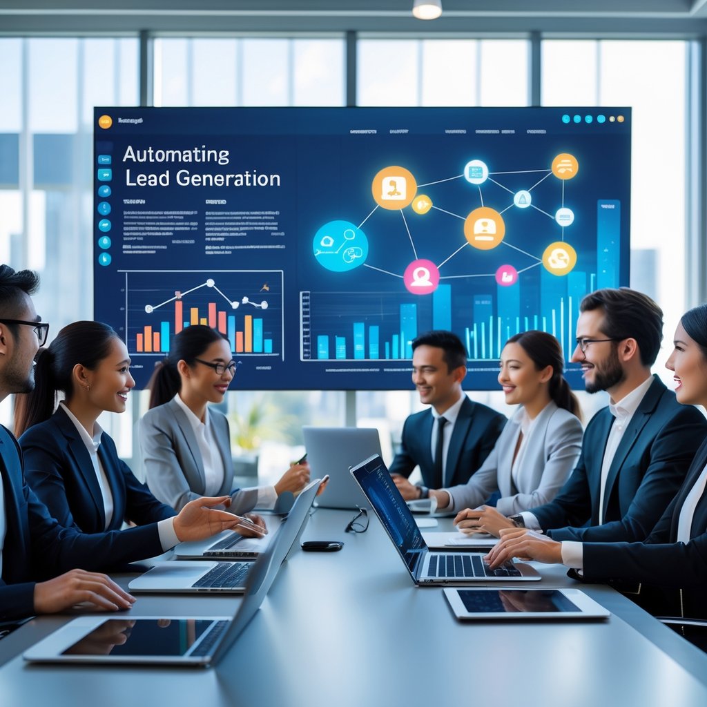 A group of business professionals working together around a table with laptops and digital screens showing data and charts in a bright office.