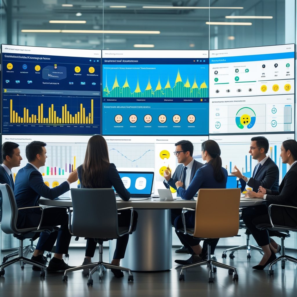 A team of professionals in a modern office analyzing real-time sentiment data on large screens during AI-powered calls.