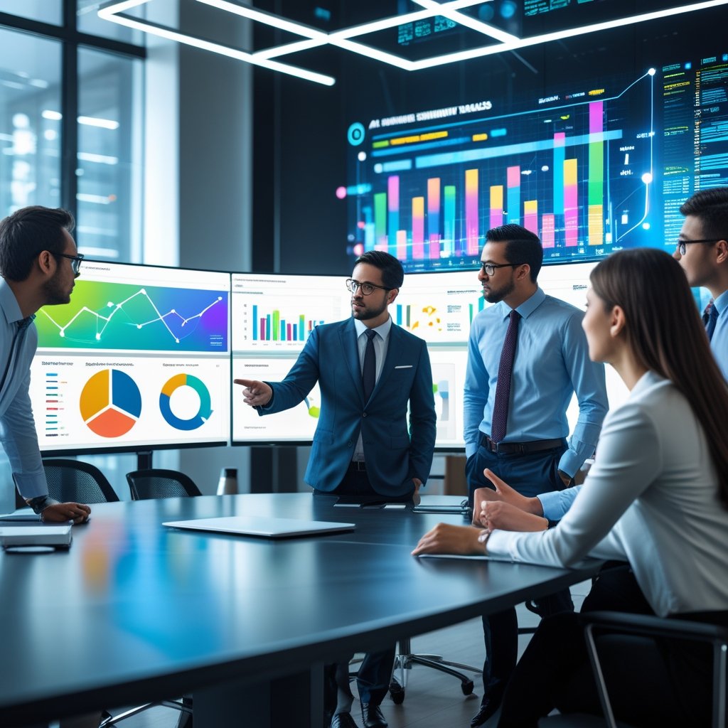 A group of business professionals in a conference room looking at monitors displaying colorful data and graphs related to AI sentiment tracking.