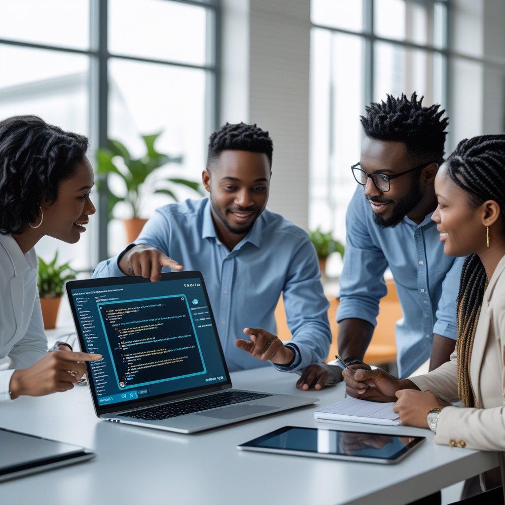 Three professionals working together in an office setting, setting up an intelligent voice bot on a laptop.