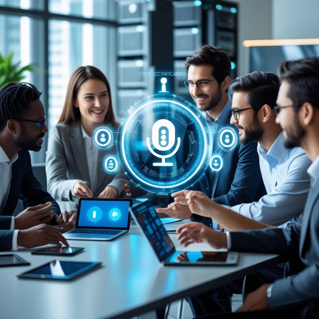 A group of professionals collaborating around a table with laptops and digital displays showing voice waveforms and AI icons in a modern office.