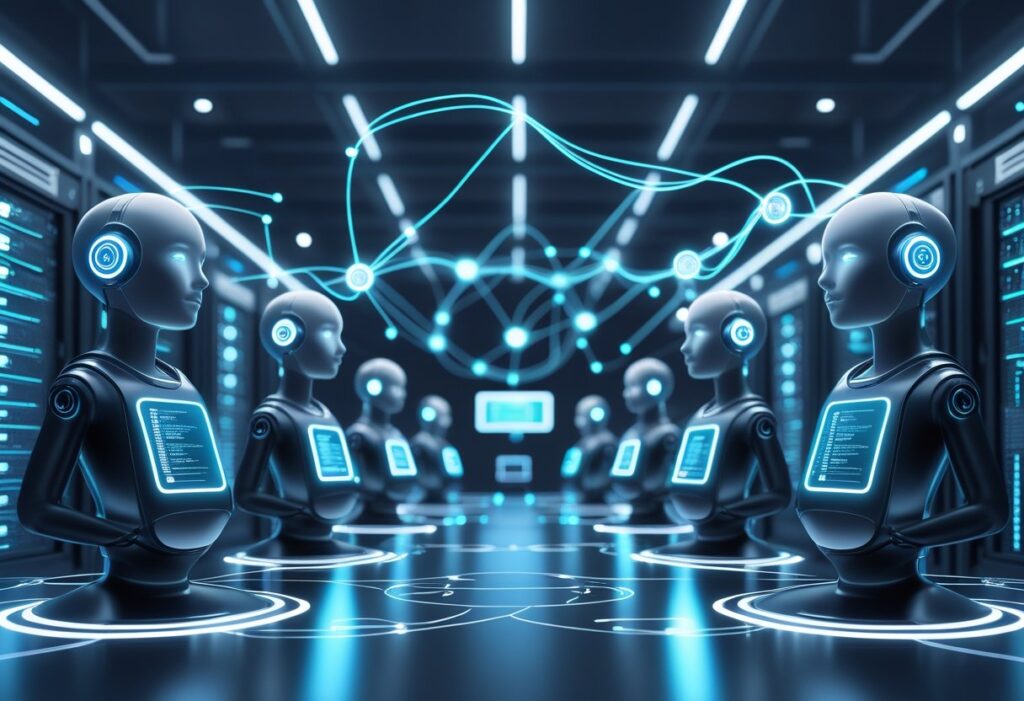 Multiple AI voice assistant devices connected by glowing data streams in a modern server room, illustrating continuous and reliable voice communication.