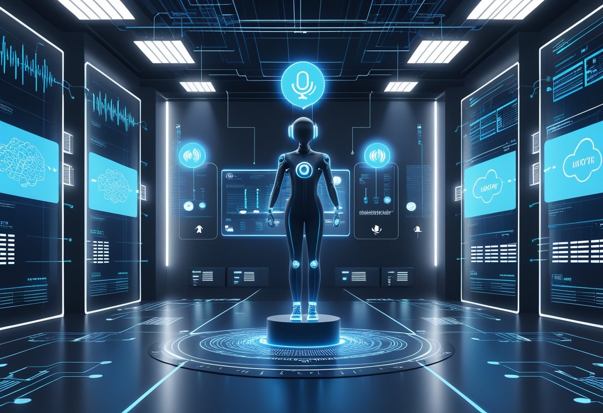 A futuristic control center showing an AI voice assistant surrounded by digital screens, servers, and cloud icons representing reliable, continuous voice technology.