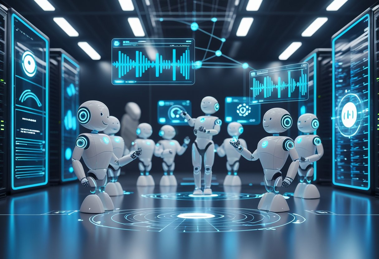 A futuristic call center with humanoid AI voice agents interacting with holographic screens and a glowing data center in the background.