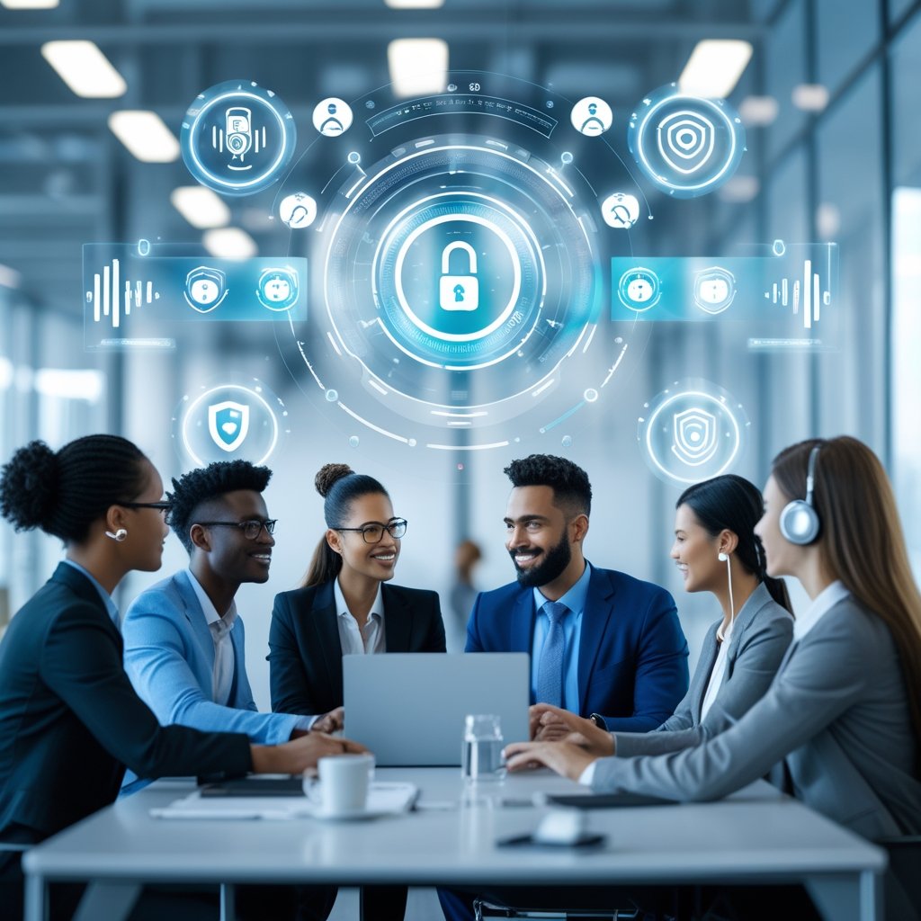 A group of professionals collaborating around a table with holographic voice and security icons in a modern office setting.