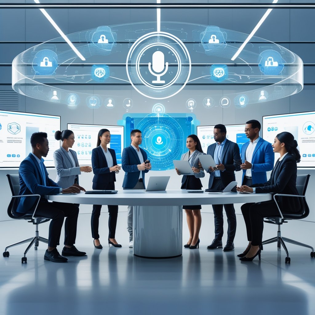 A group of professionals collaborating in a modern office with digital holograms and voice recognition graphics representing AI voice automation and security.