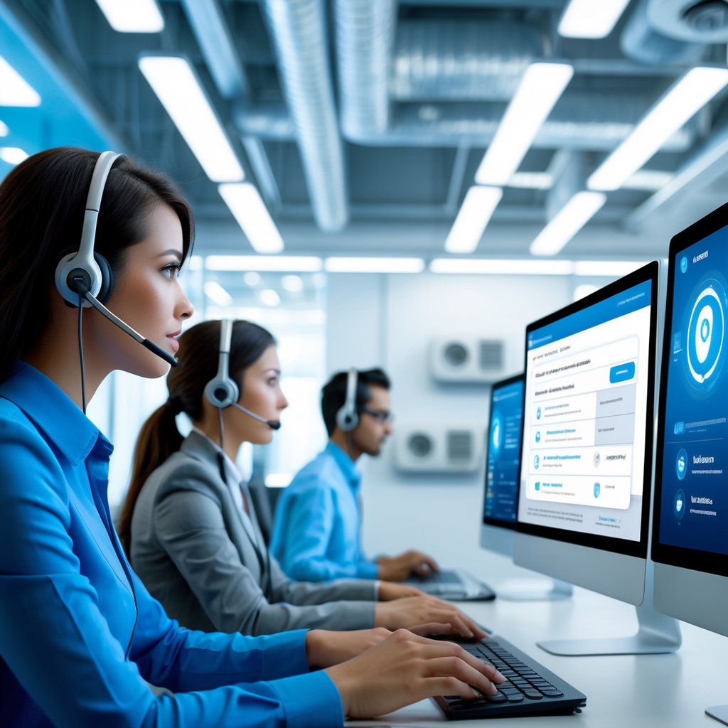 Customer service representatives wearing headsets working with voice AI technology in a modern call center related to HVAC systems.