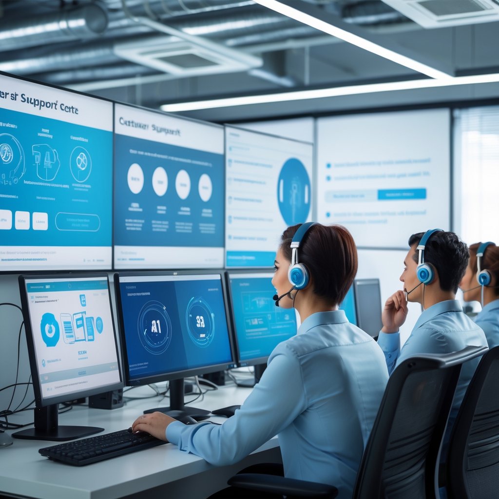 Customer support representatives using headsets and computers with HVAC system visuals in a modern office environment.