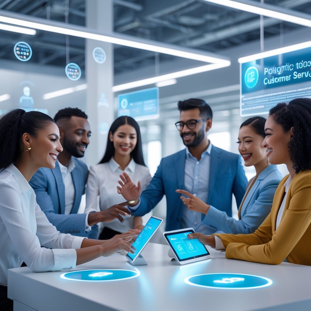 Customers interacting with advanced AI-powered digital interfaces in a modern customer service center, with human agents overseeing the technology.