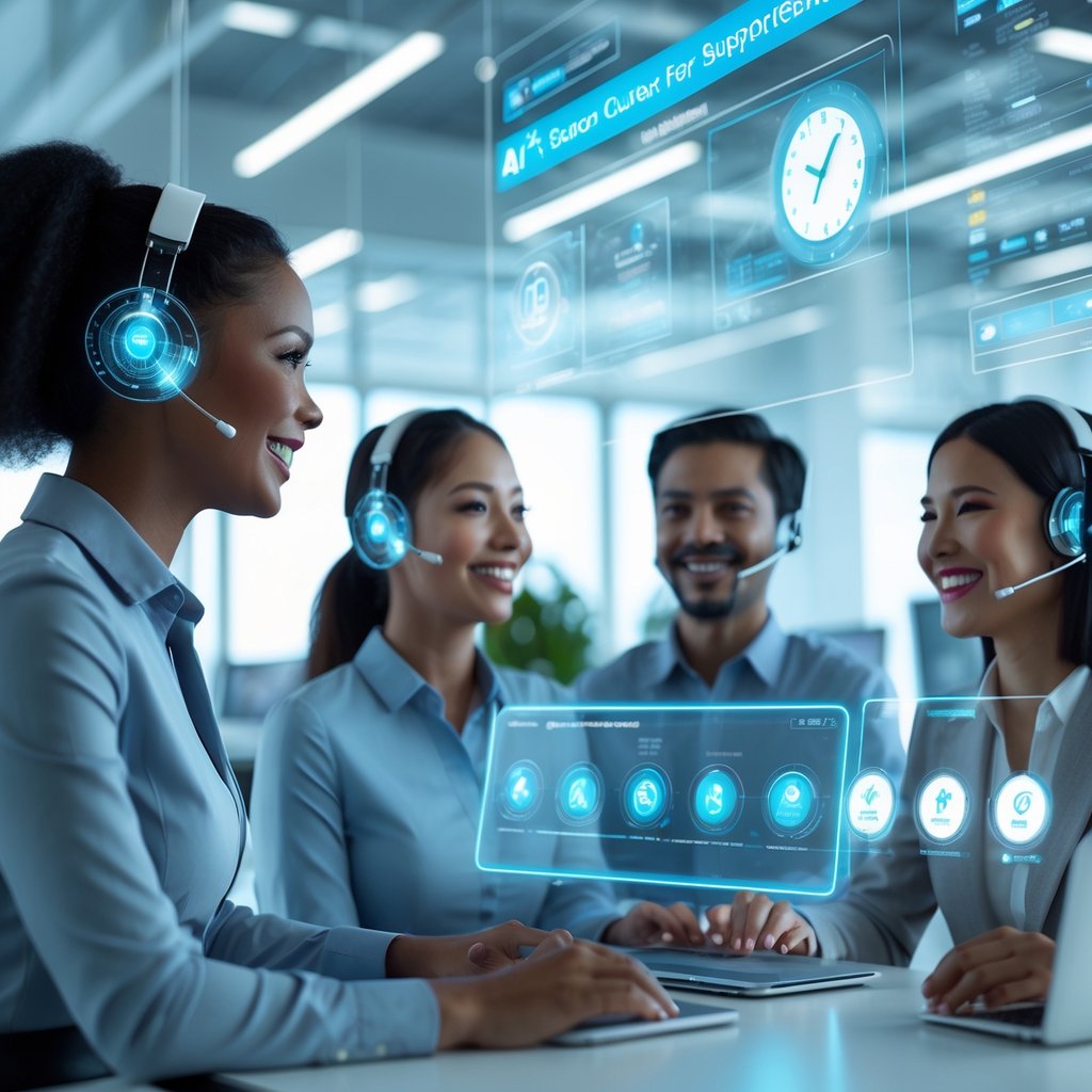 A team of customer support agents using advanced AI technology in a modern office, providing fast and efficient service.