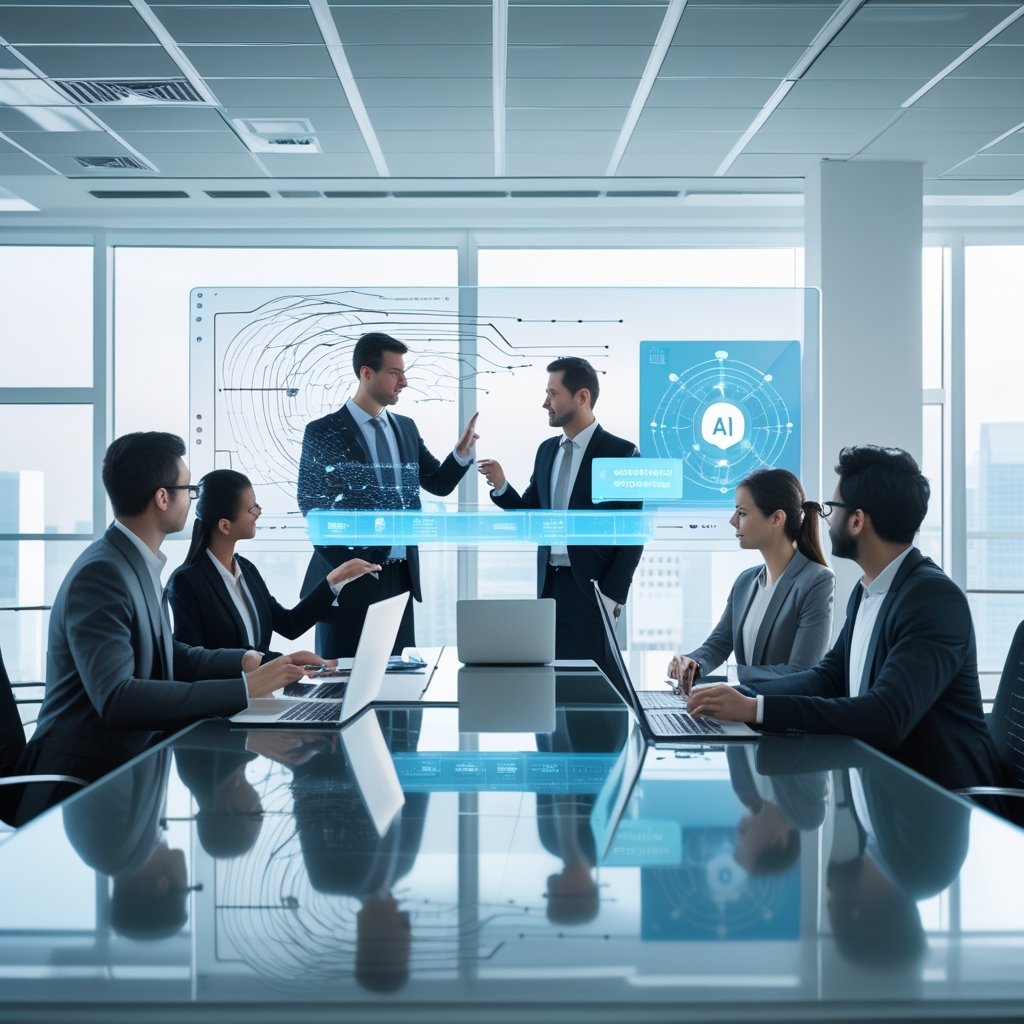 A group of professionals collaborating around a conference table with digital devices and futuristic AI graphics on transparent screens.