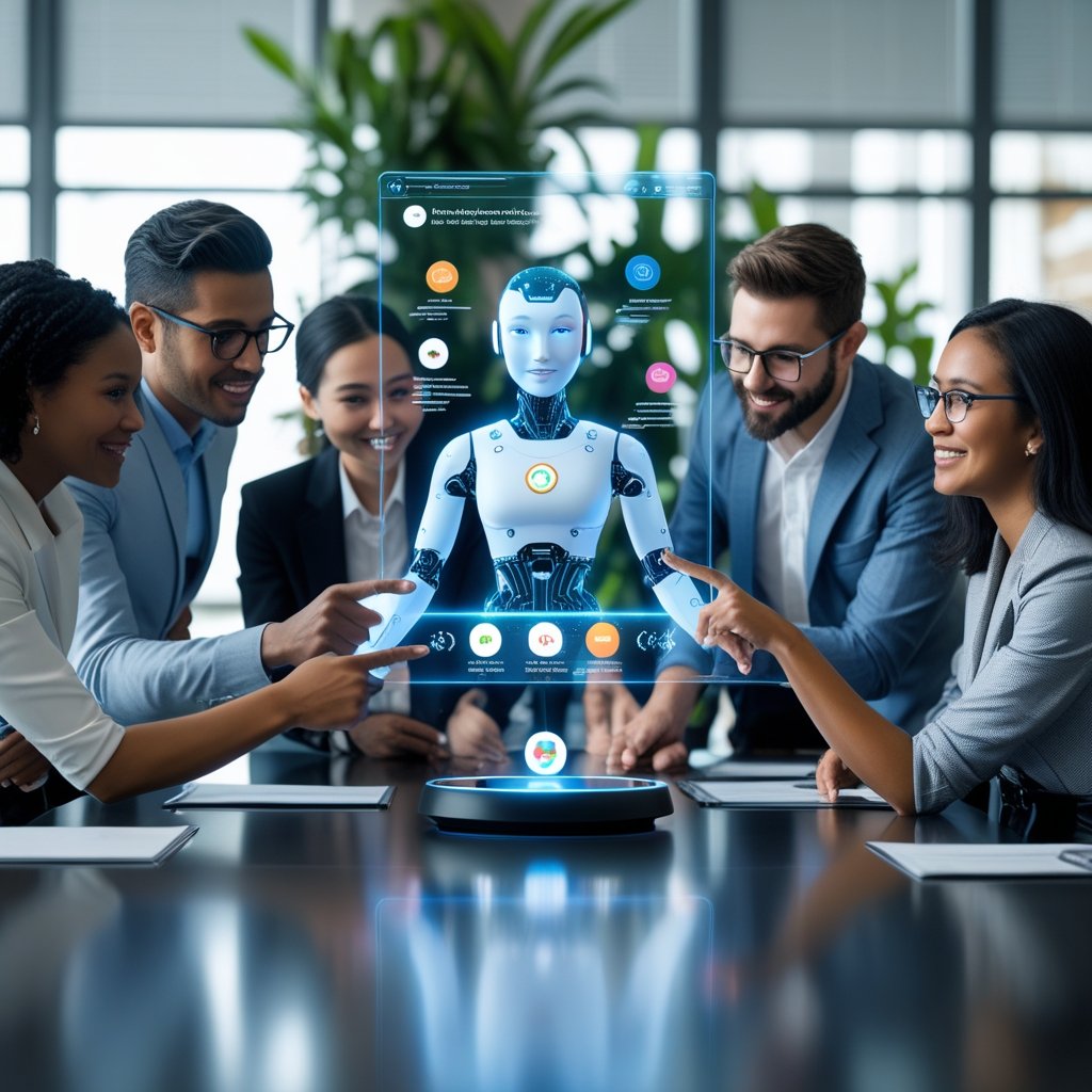 A diverse group of professionals customizing a digital AI avatar using a holographic interface in a modern office setting.