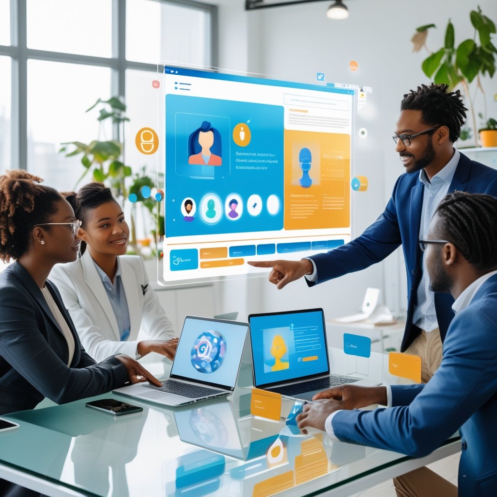 A group of professionals collaborating around a table with digital devices, discussing AI branding and customization in a modern office.