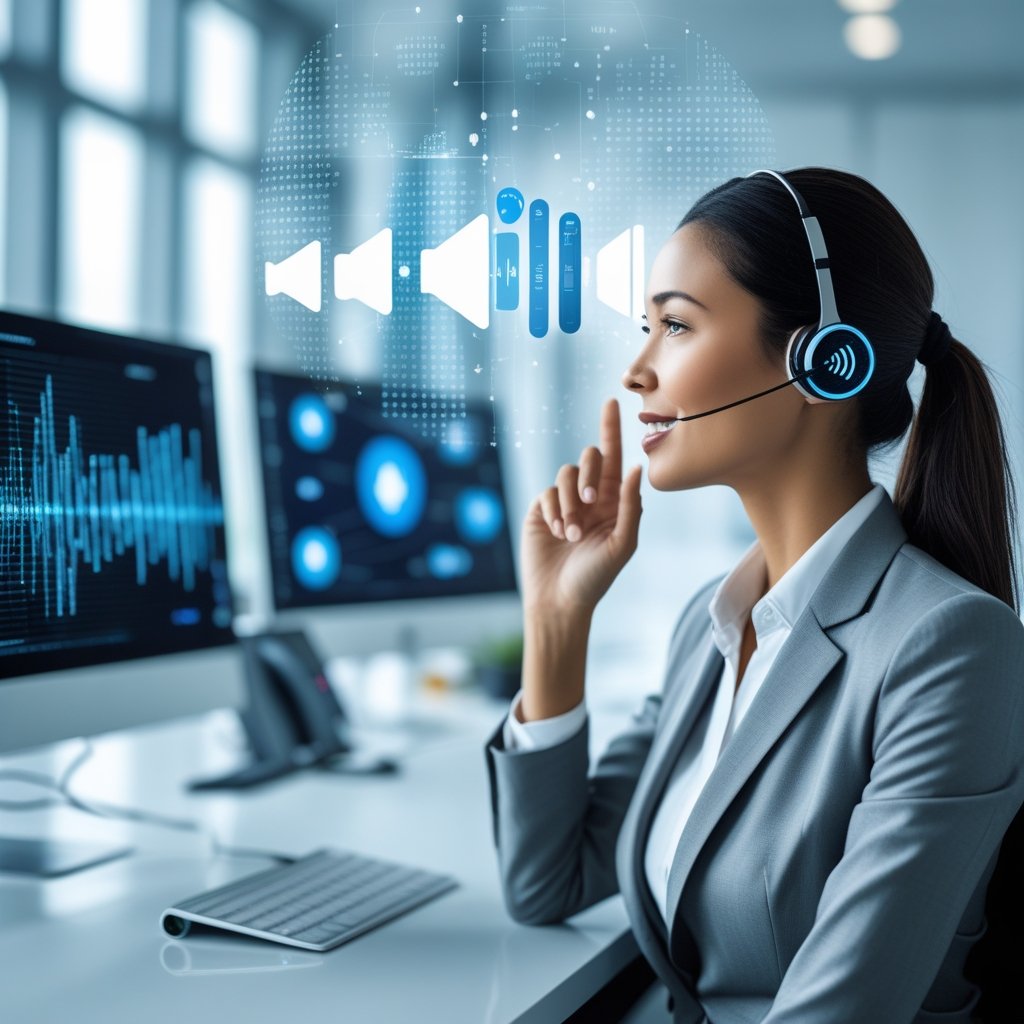 A businesswoman wearing a headset with a microphone in a modern office surrounded by digital voice waveforms and technology icons.